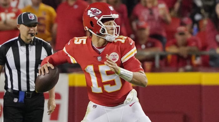 Oct 10, 2022; Kansas City, Missouri, USA; Kansas City Chiefs quarterback Patrick Mahomes (15) throws a pass in the second half against the Las Vegas Raiders at GEHA Field at Arrowhead Stadium.